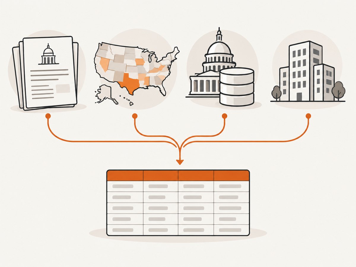 Choose the source by data category: filings, economic context, federal discovery, or legal-entity records.