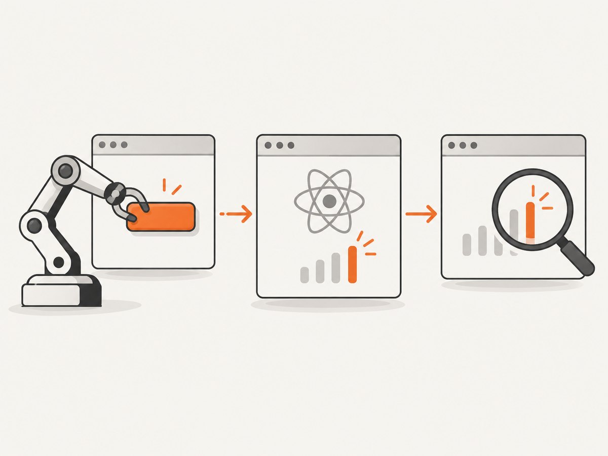 Puppeteer verifies React behavior by interacting with the page and reading the rendered result.