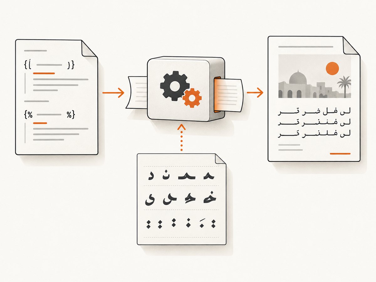 The rendering path: Django template, embedded Arabic font, xhtml2pdf, and the final PDF.