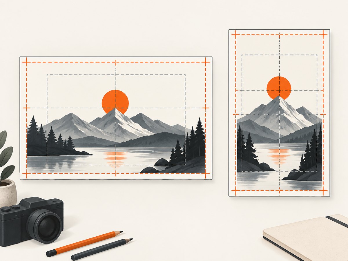 Use a 16:9 canvas for standard videos and a 9:16 canvas for Shorts, keeping the subject near the center.