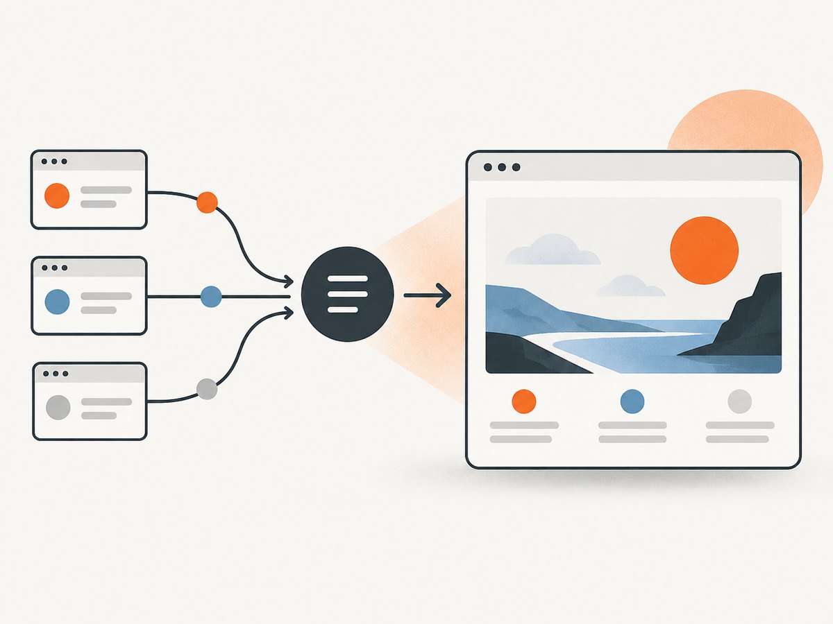 A hero image moves from responsive source selection to a rendered page.