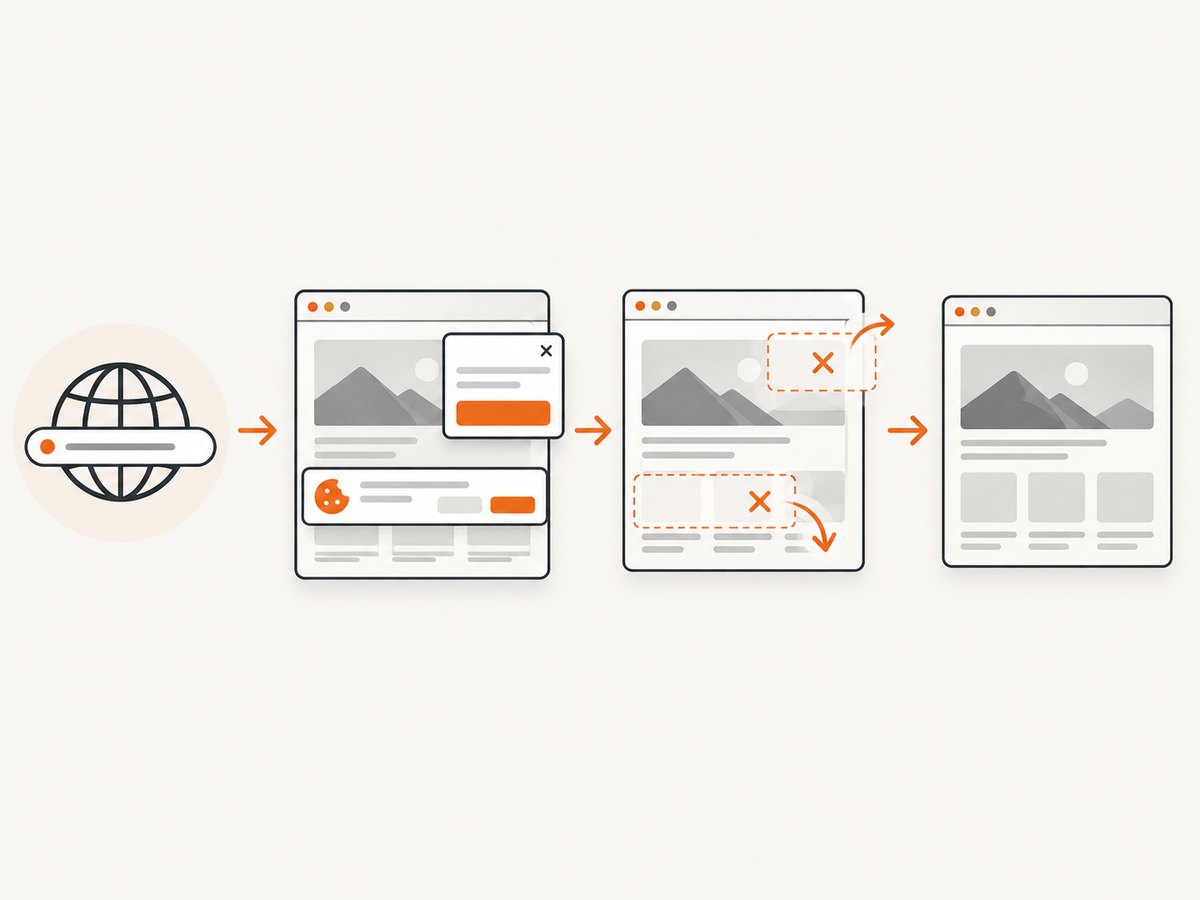 A screenshot service can render a page and remove common overlays before returning the image.