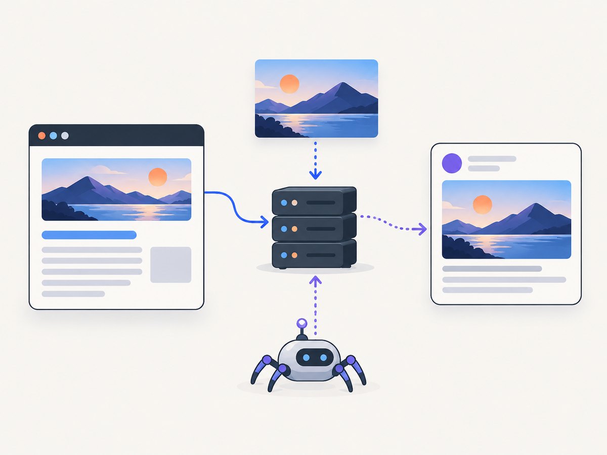 The crawler reads metadata from the page head and fetches the absolute image URL.