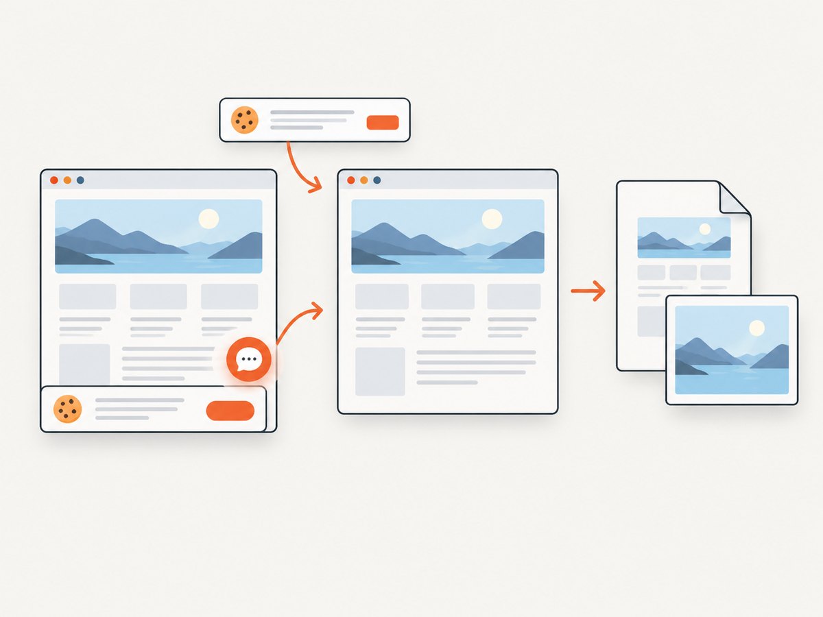 A clean capture workflow removes overlays before saving the page.