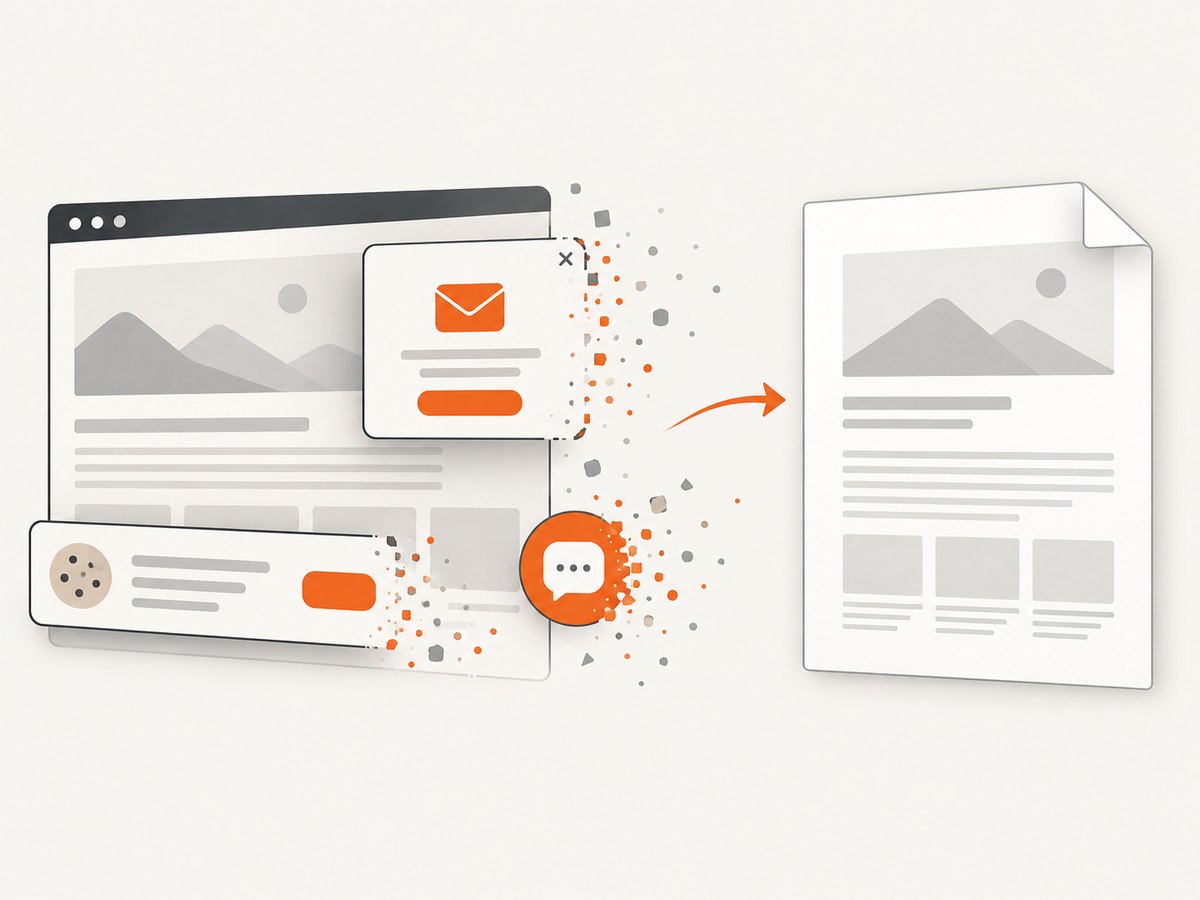 Removing overlays before capture keeps the PDF focused on the page content.