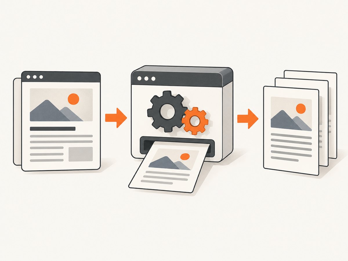 HTML places the screenshot; print CSS and PDF settings determine how it fits on the page.