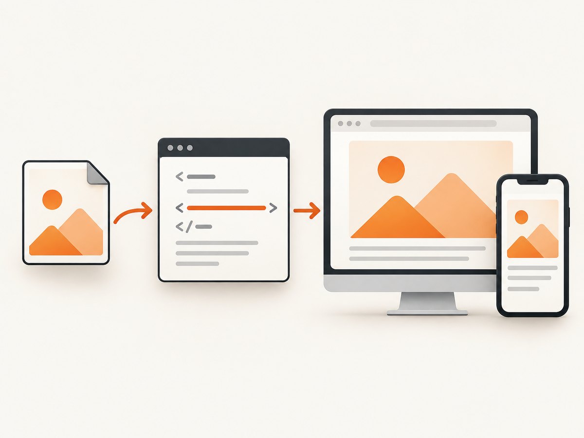 HTML points to an image resource; responsive sizing lets the screenshot fit its page.