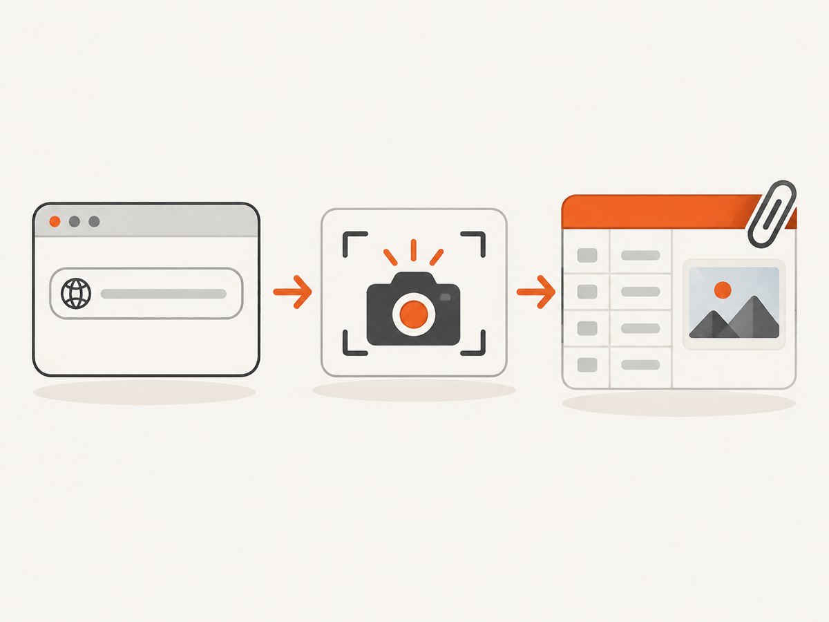 A screenshot workflow has three stages: capture the page, make the image reachable, and attach it to the Airtable record.