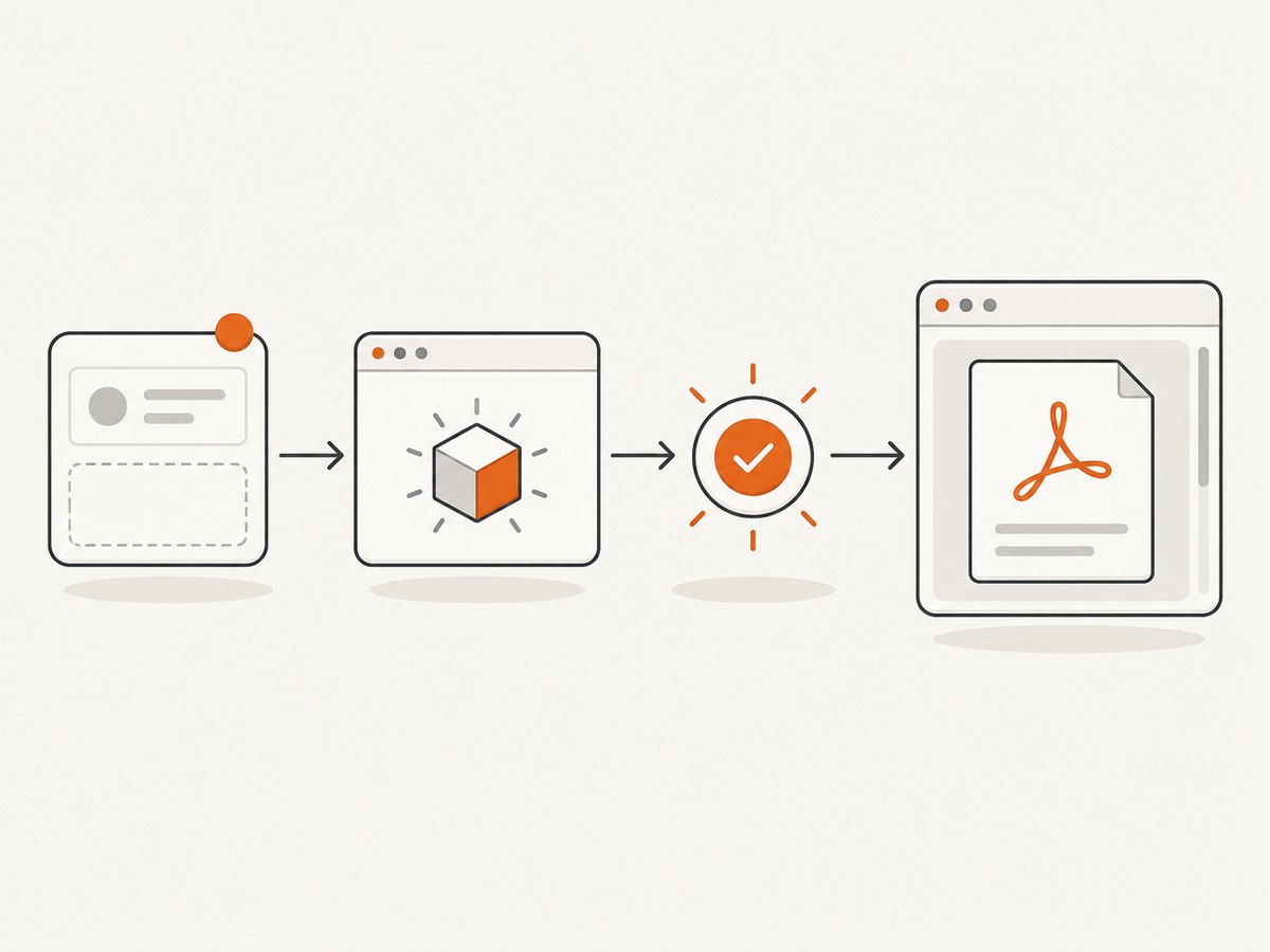 The React lifecycle: mount the host, load the SDK once, wait for readiness, then preview the PDF.
