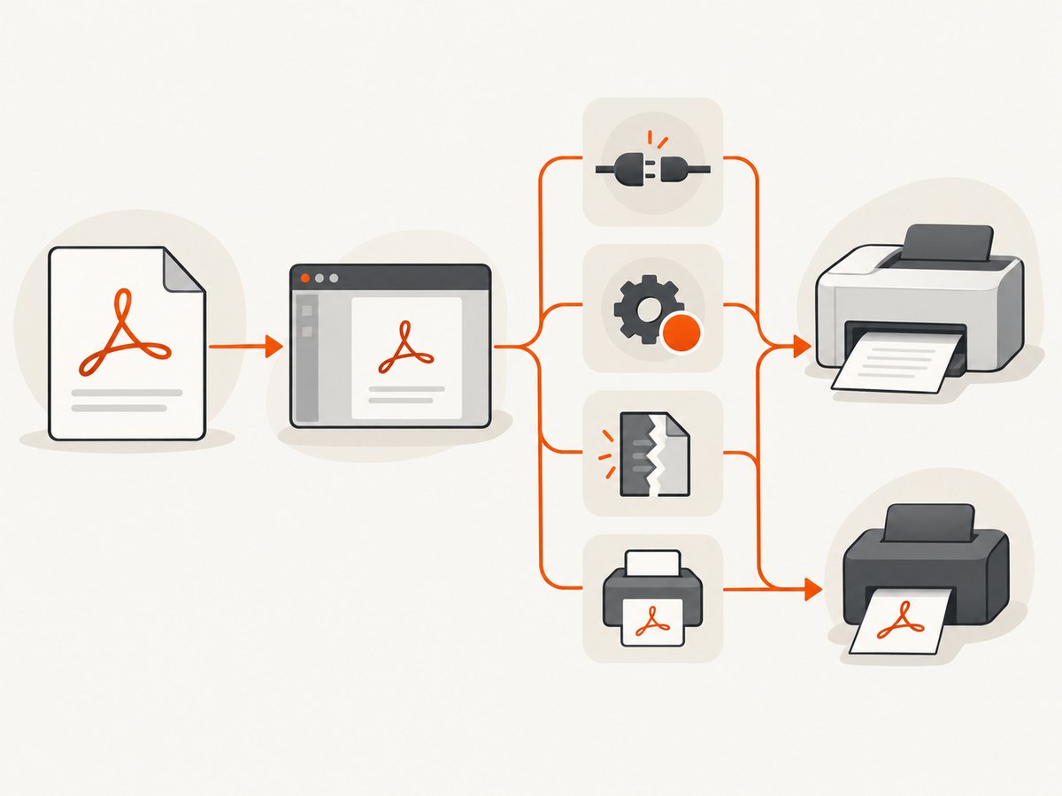 Identify whether the failure is in the document, Acrobat, the virtual printer, or the physical printer.