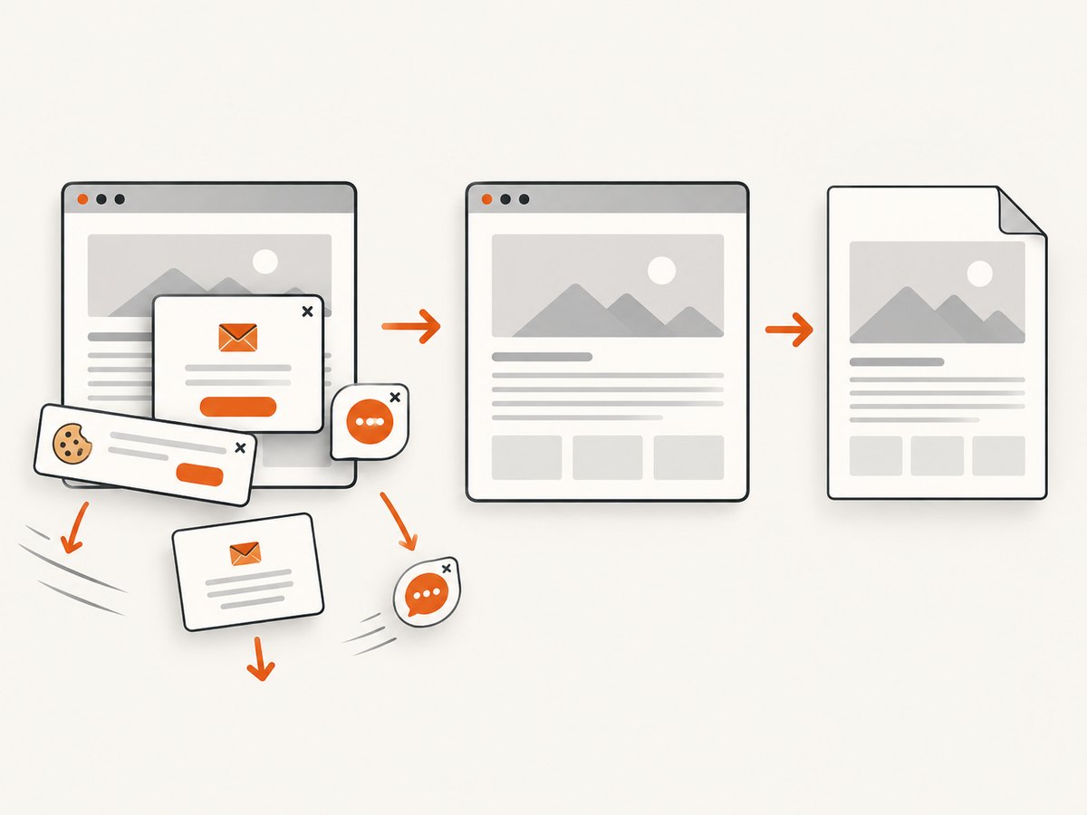 Consent banners and floating widgets can interfere with clean PDF output.
