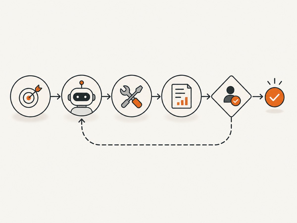 An AI agent repeats a bounded cycle of choosing tools, observing results, and deciding whether to continue.