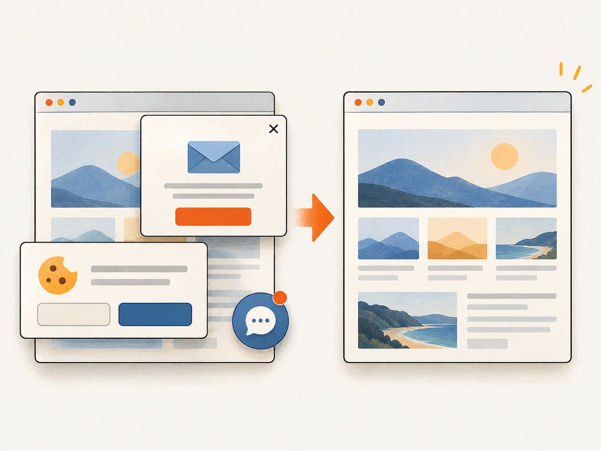 Consent banners, popups, and chat widgets can be removed before a clean screenshot is returned.