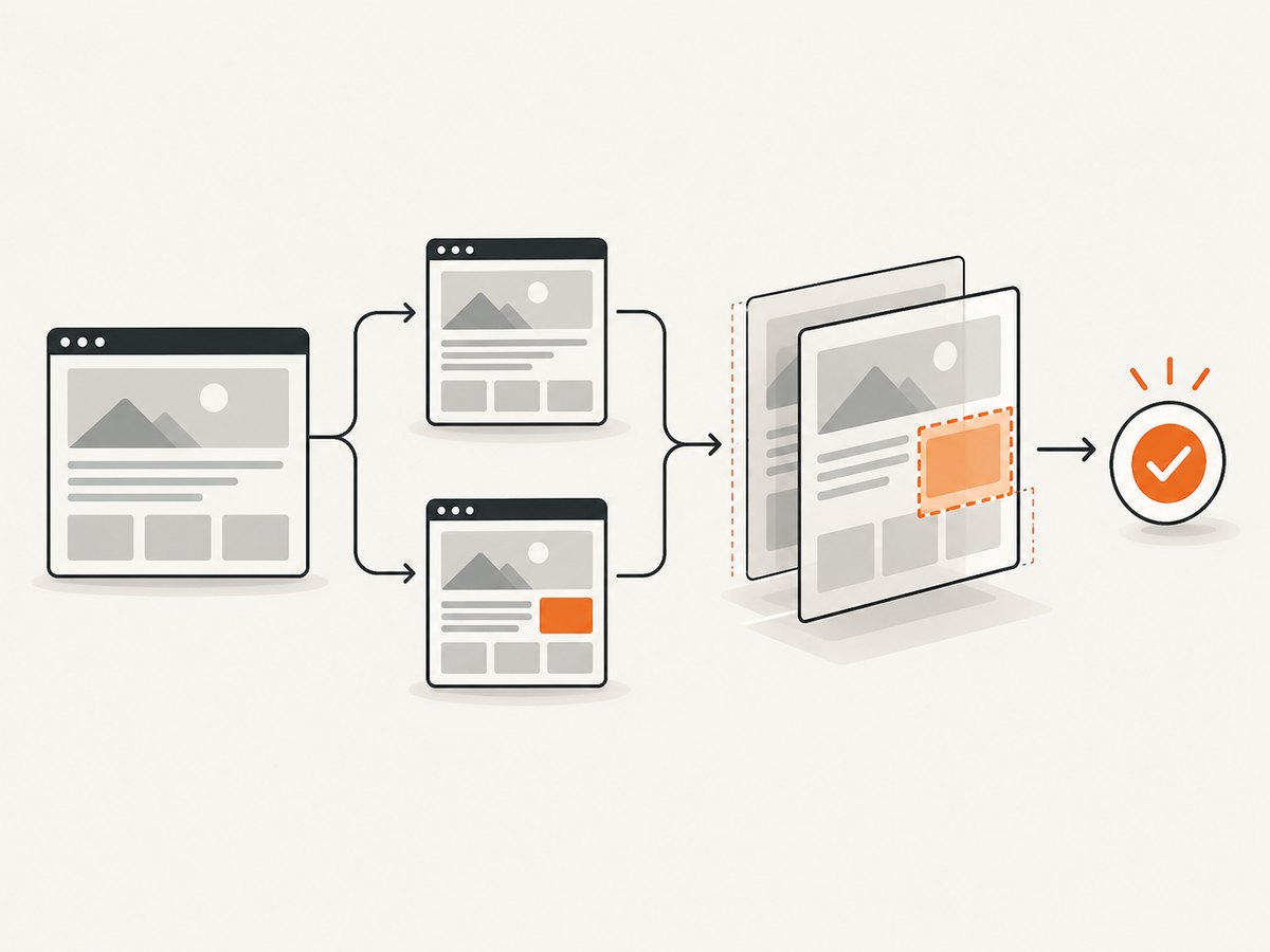 A visual regression check captures the same page state twice, compares the images, and sends differences to review.