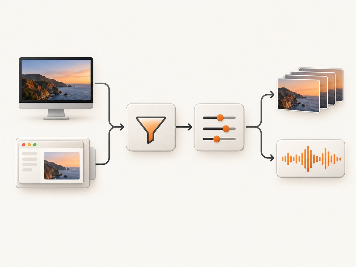 ScreenCaptureKit separates source selection, stream configuration, and sample-buffer delivery.