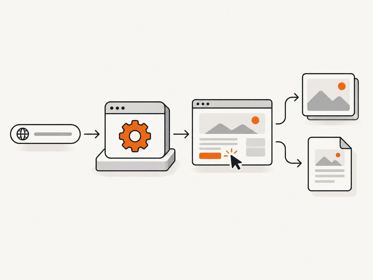 A headless automation job connects navigation, interaction, state checks, and saved artifacts.