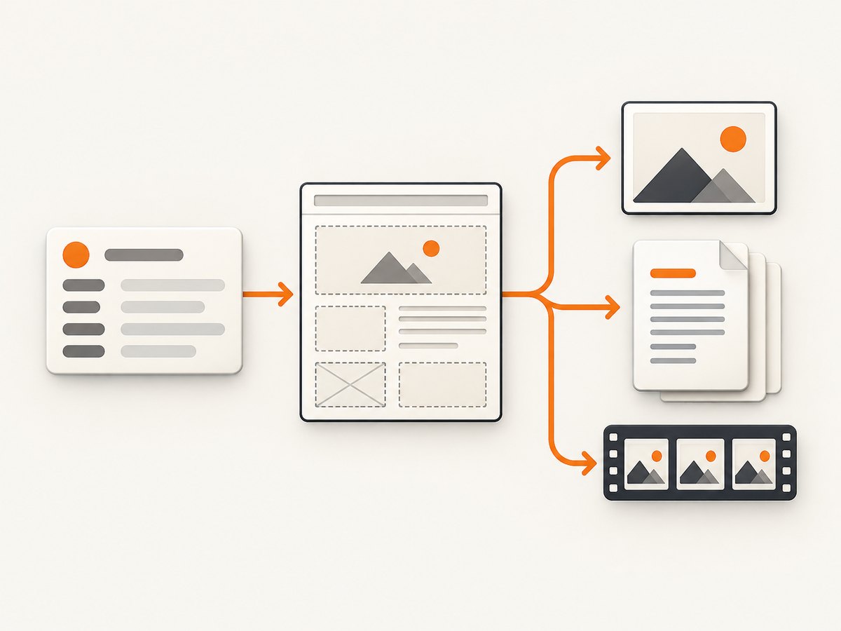 A stable template maps changing record fields into different rendered output formats.