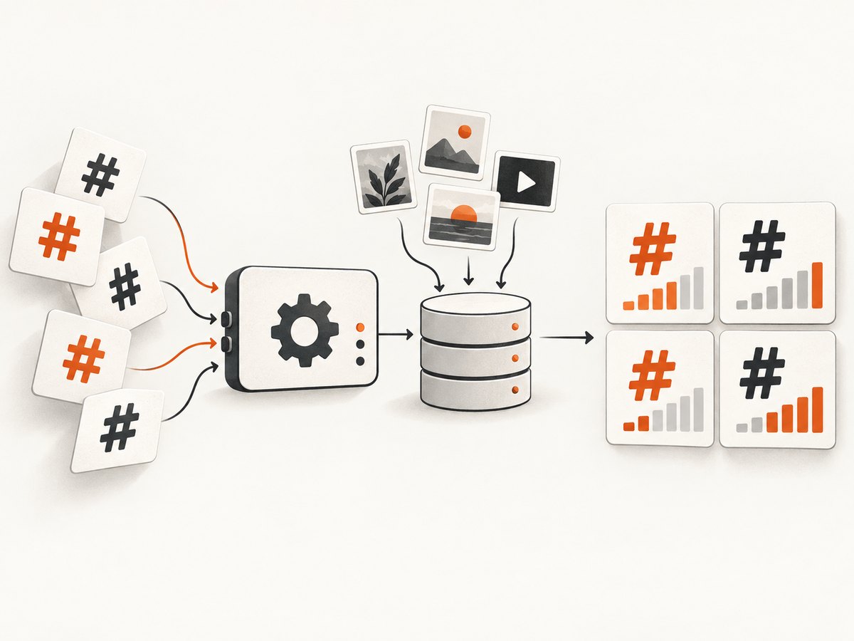 Automated hashtag research moves from candidate terms to public evidence and a documented score.
