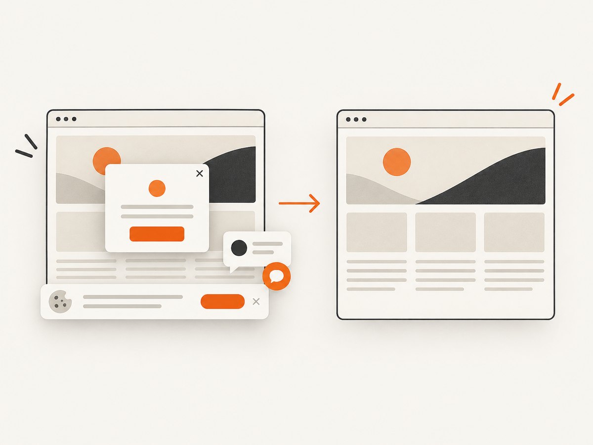 A clean capture removes consent banners, popups and chat widgets before saving the research page.
