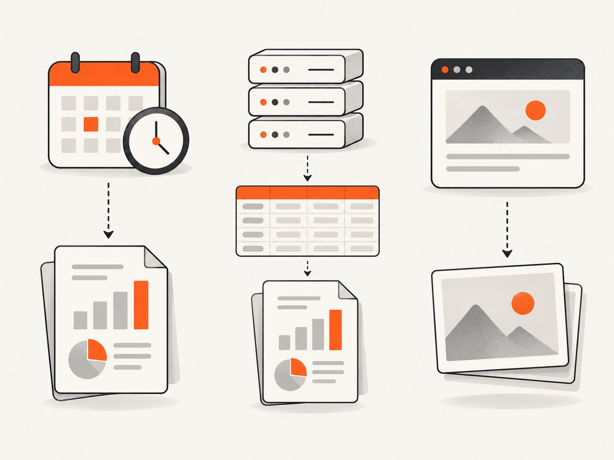 Choose between scheduled exports, structured API data, and rendered browser captures based on the artifact your report requires.