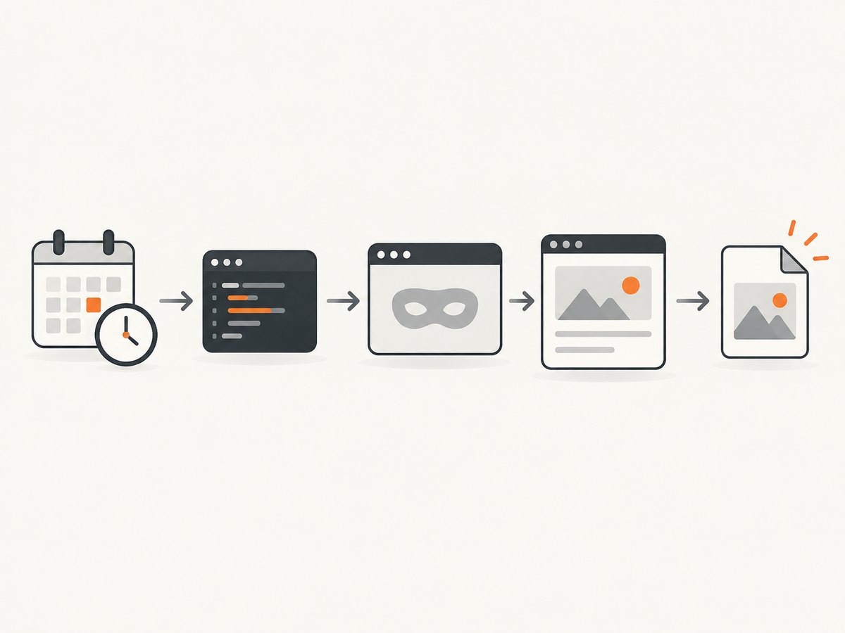 A scheduled capture is a short pipeline: trigger, navigate, wait for the page, save, and close.