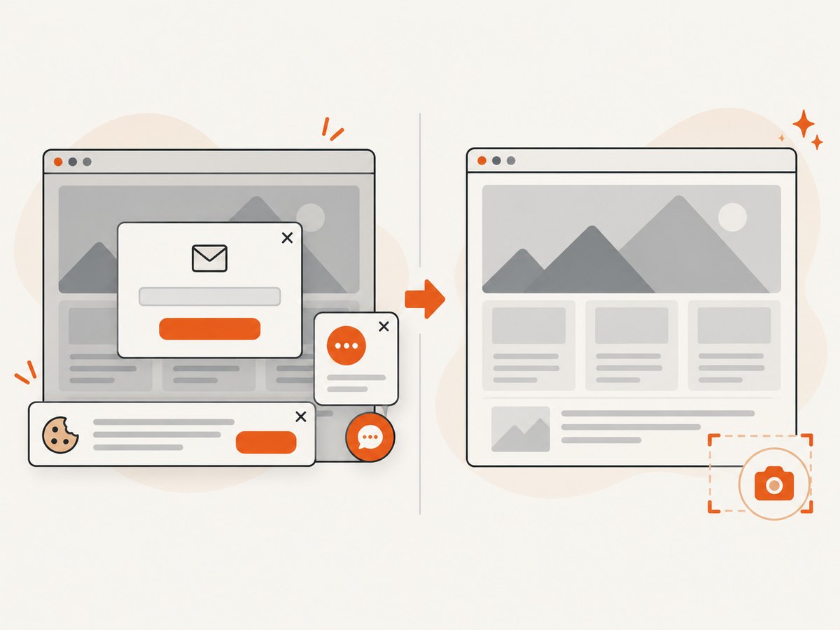 Consent banners, popups and chat widgets can change the pixels unless they are handled before capture.