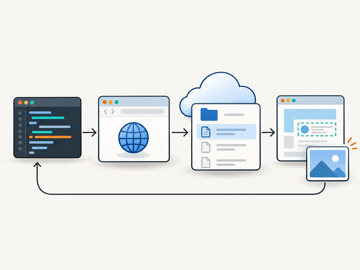 Puppeteer controls the browser workflow; authentication and permission checks are separate steps.