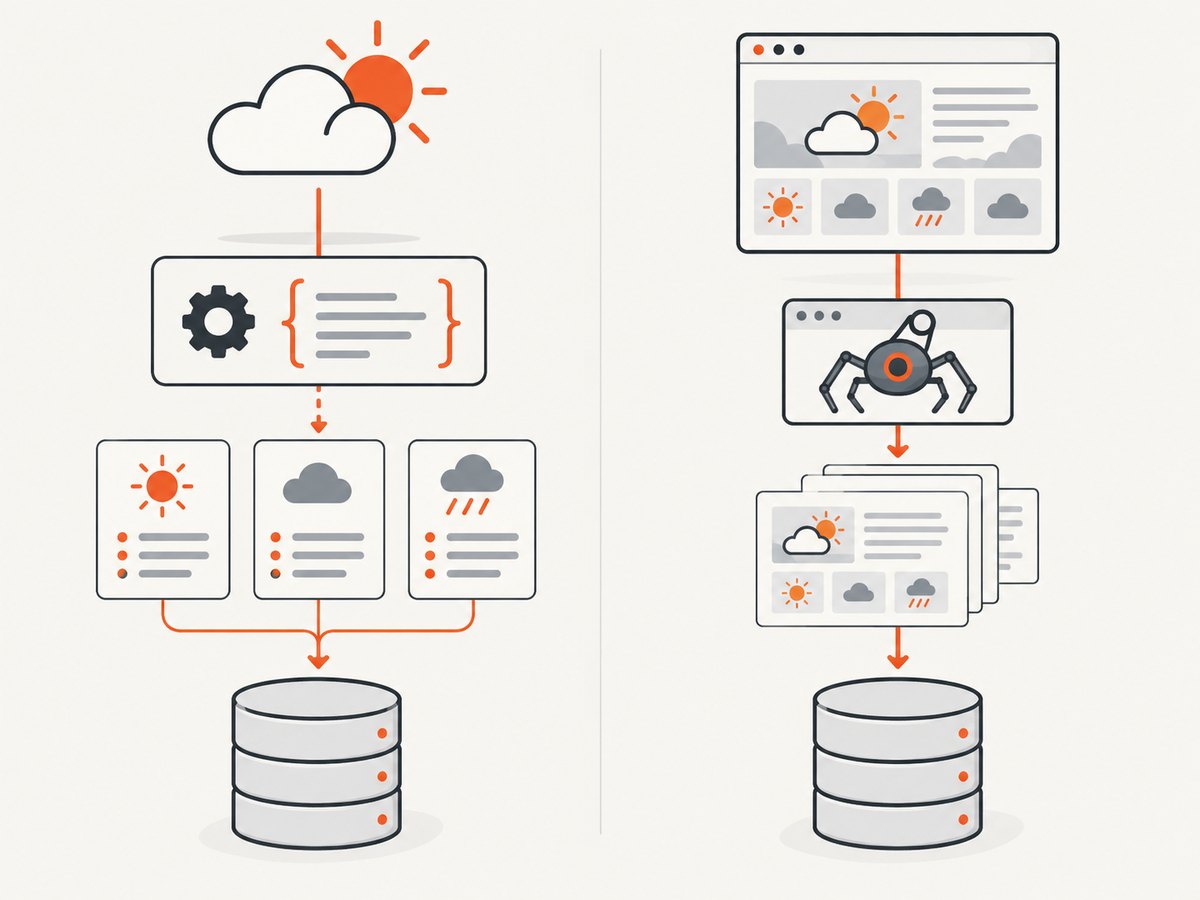 Choose a documented weather API first; scrape a rendered page only when it is permitted and necessary.