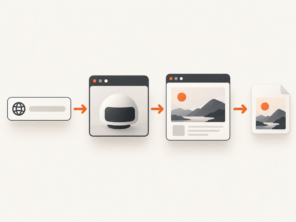 A screenshot job moves from a URL request through a headless browser to an image file.