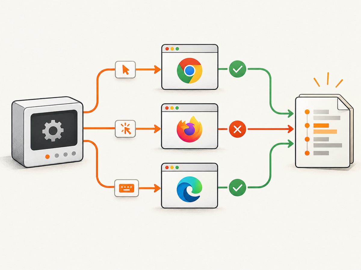 A browser test runs the same user journey against separate browser engines and collects evidence when it fails.