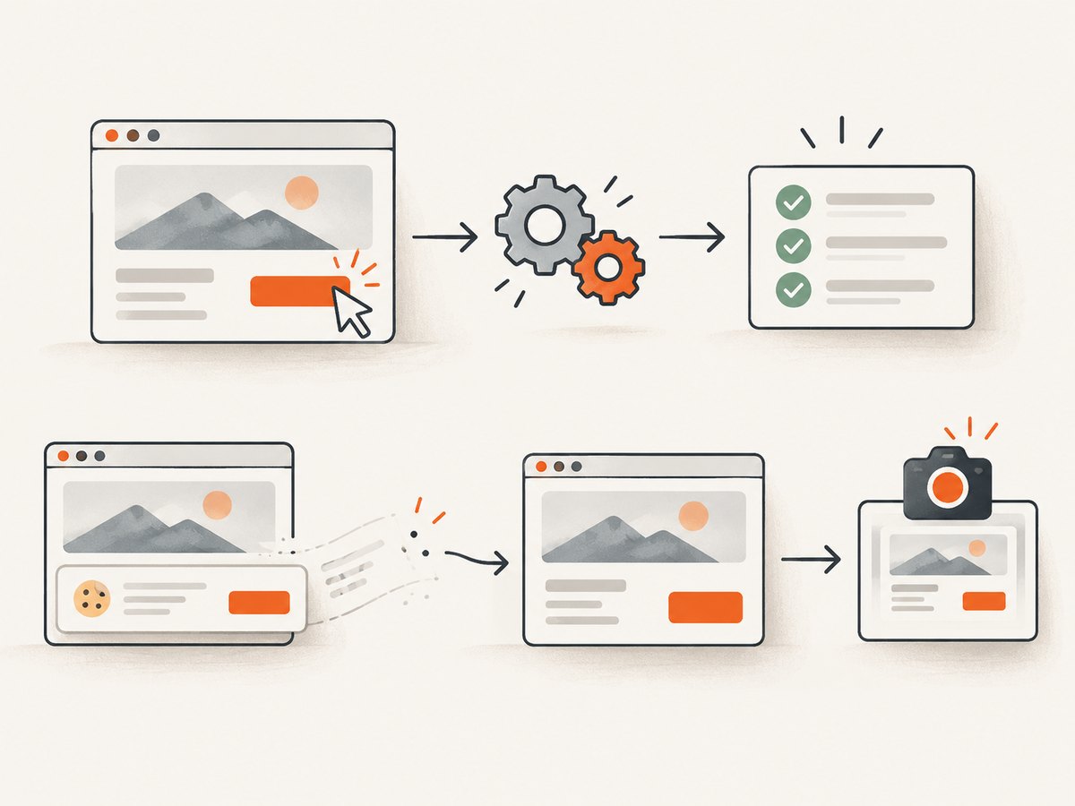 Functional assertions verify behavior; a screenshot capture workflow produces a page image as a separate task.