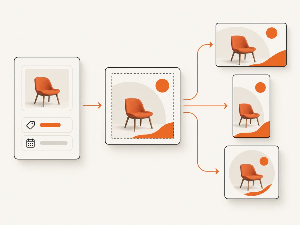 A source record, template and channel-specific renders form the core automation loop.