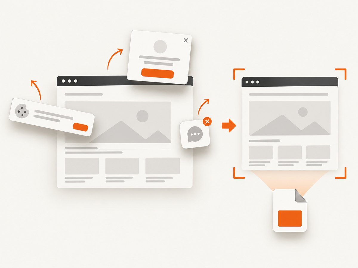 Browser capture tools can remove obstructing overlays before producing a document.