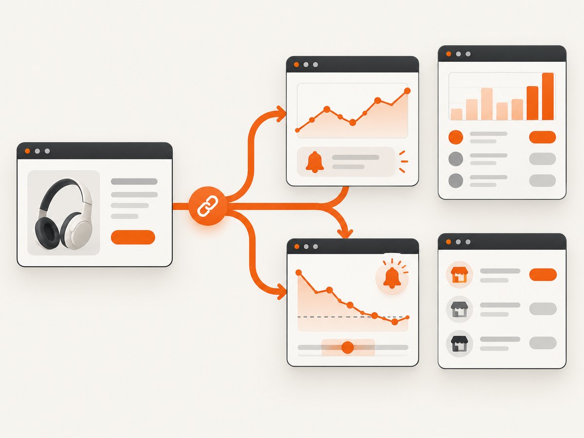 A tracker turns a live Amazon offer into history, alerts and comparison context.