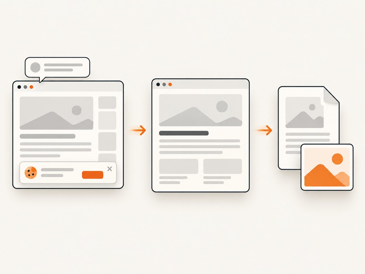 A capture service can remove consent overlays and widgets before producing a clean asset.