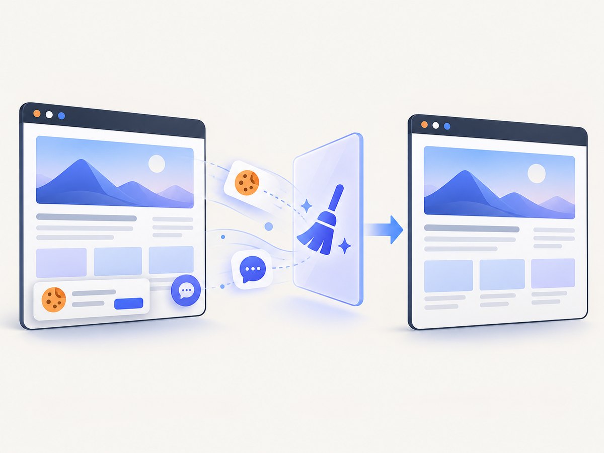A capture service can remove consent banners and overlays before producing a usable screenshot.