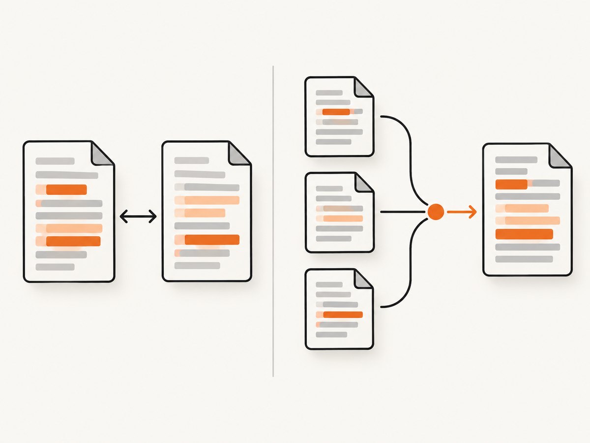 A two-way diff shows what changed; a three-way merge adds the shared base to help interpret competing edits.
