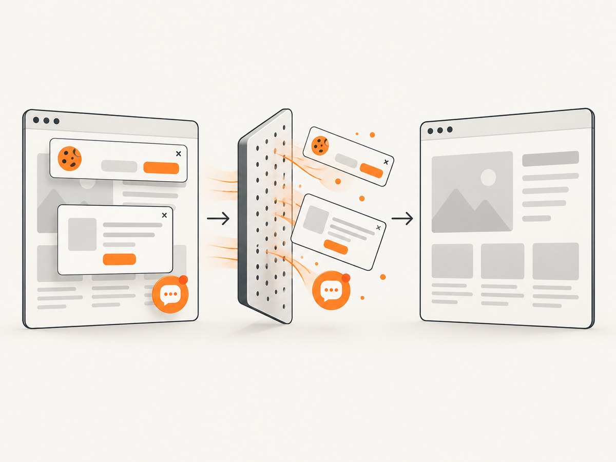 ScreenshotNeo removes common consent and overlay elements before capture.