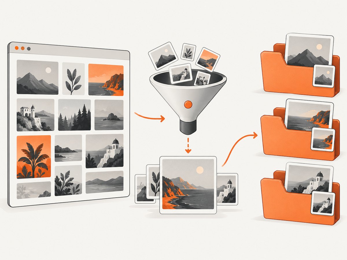 A bulk downloader gathers candidate assets, then filters and previews them before saving.