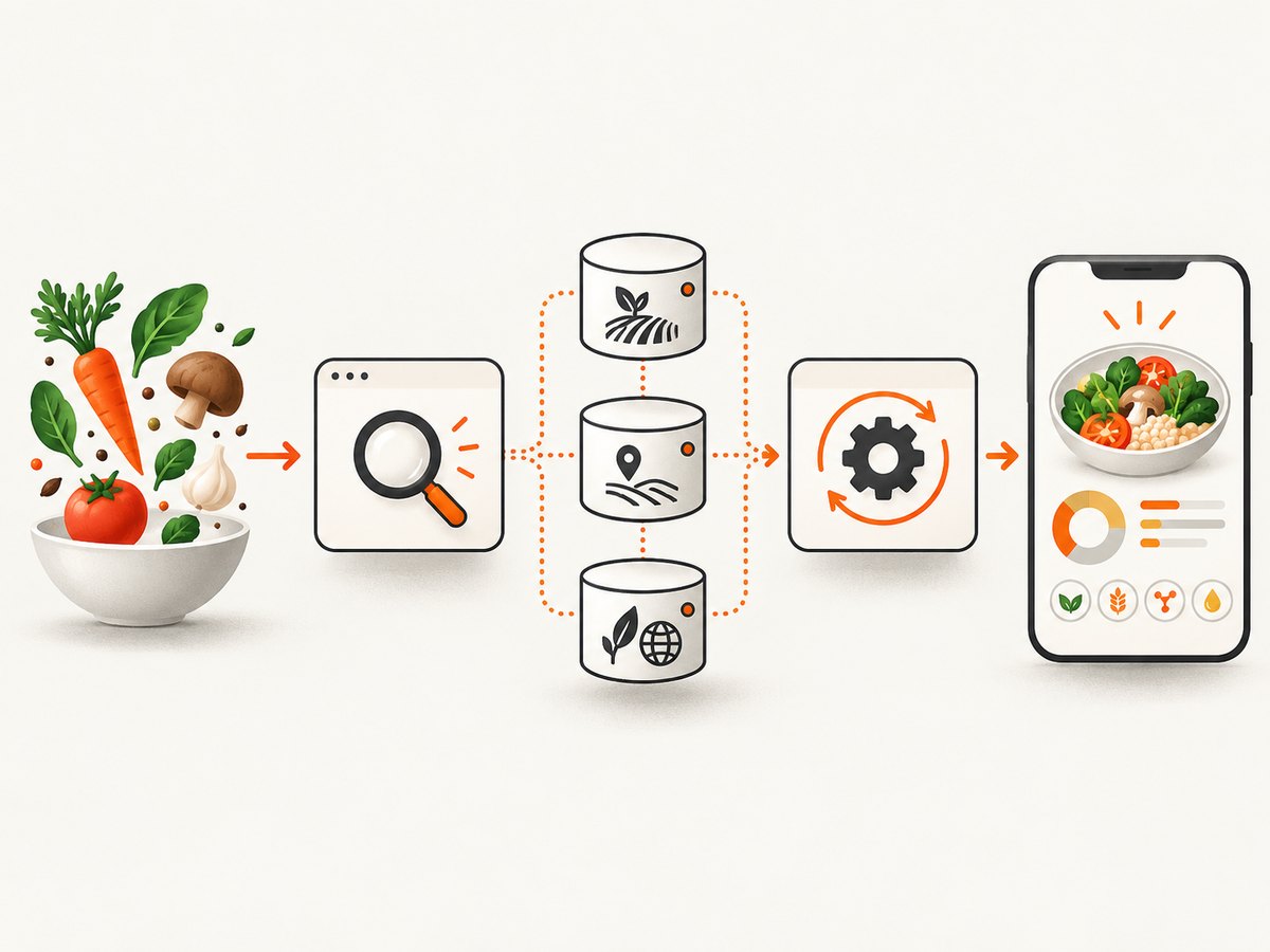 A provider-neutral pipeline keeps food search, provenance, and nutrient normalization separate.