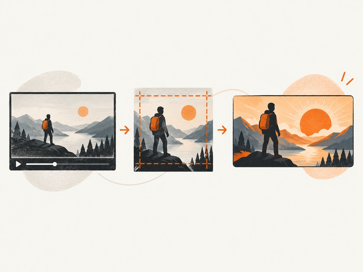 A thumbnail workflow moves from a representative frame to a readable final composition.