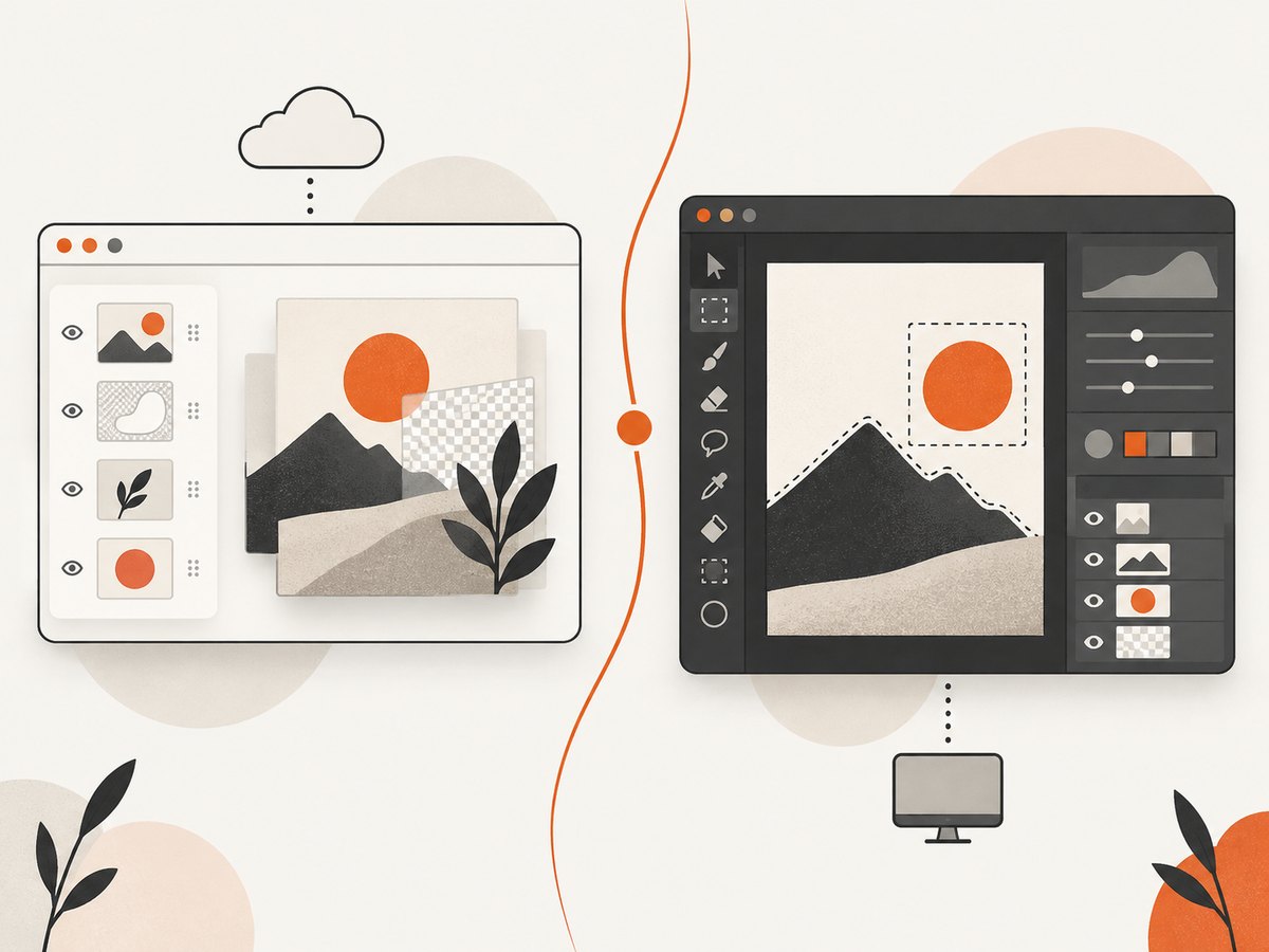 Template editors optimize speed, while layer-based editors provide deeper manual control.