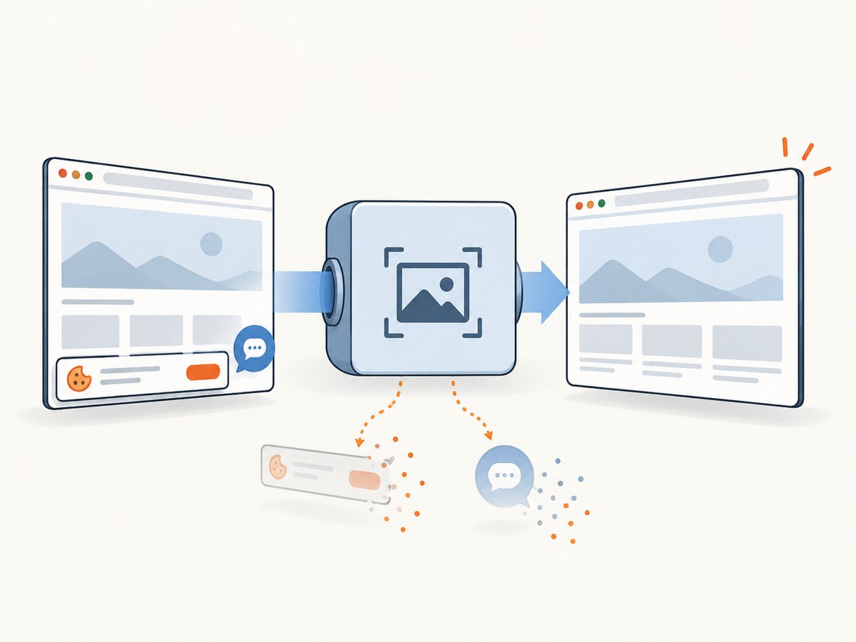 A clean capture workflow removes page overlays before producing a shareable image.