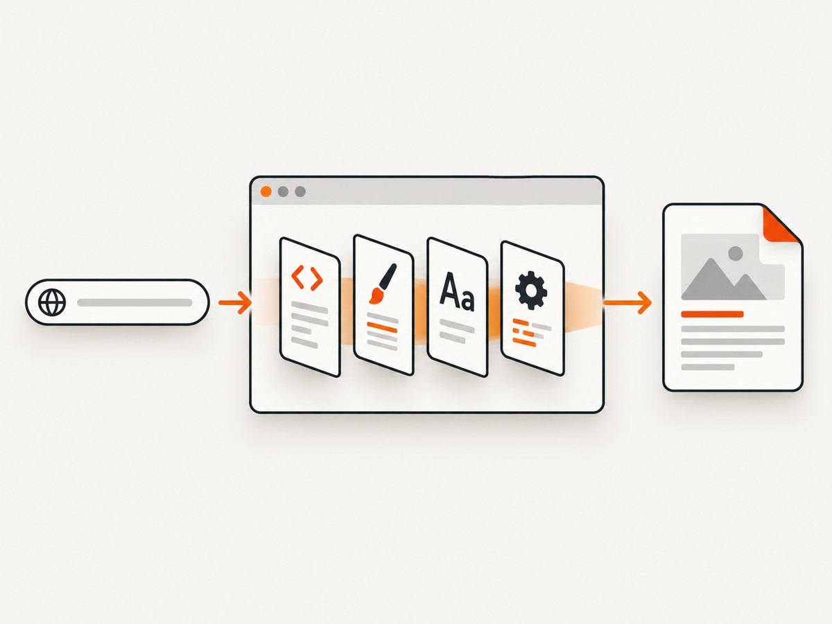 A browser renderer loads the page, waits for assets, applies print rules and writes the PDF.