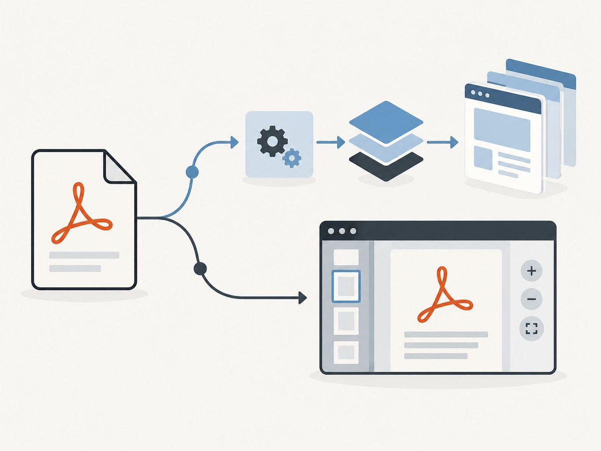 A converter produces HTML files, while a rendering library powers an interactive viewer.