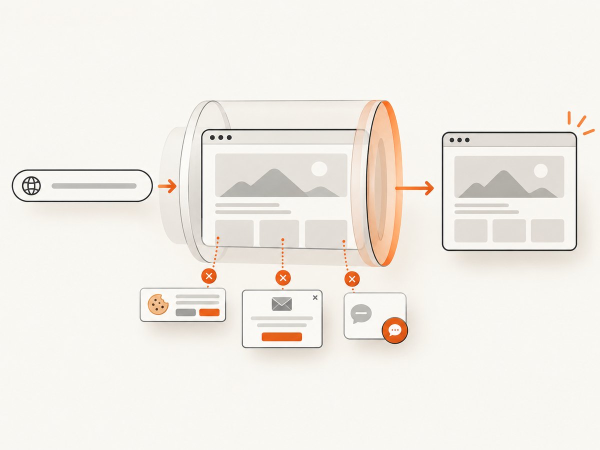 An automated capture can clean common consent banners, popups, and chat widgets before returning the page image.