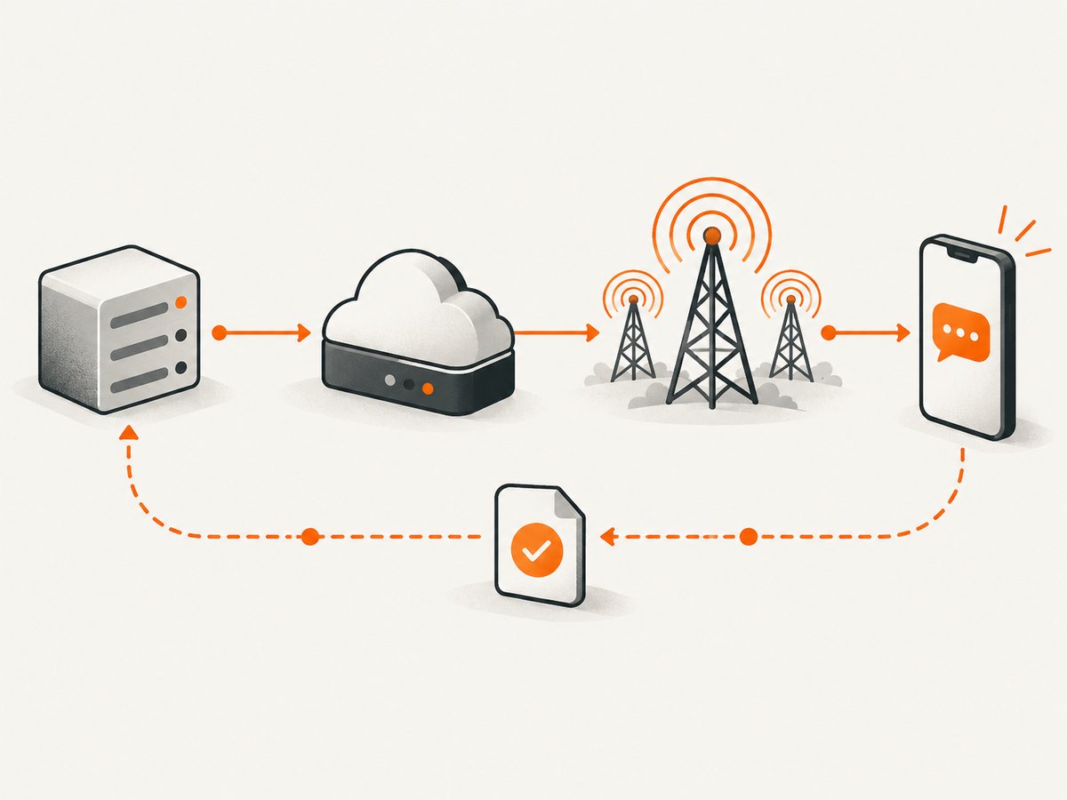 An SMS send passes through the API and carrier network before a delivery status returns.