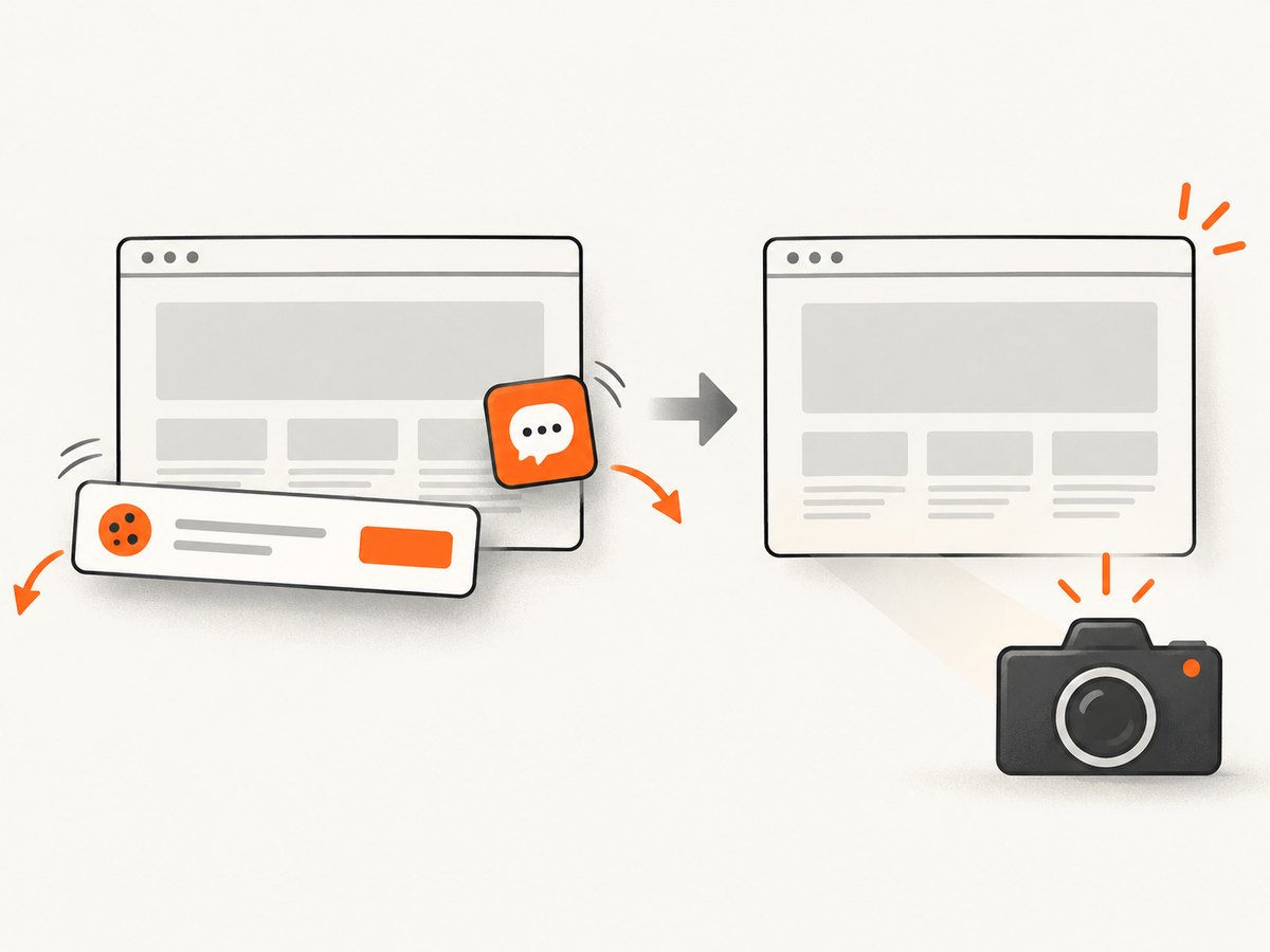 ScreenshotNeo removes common page overlays before capturing a clean image.