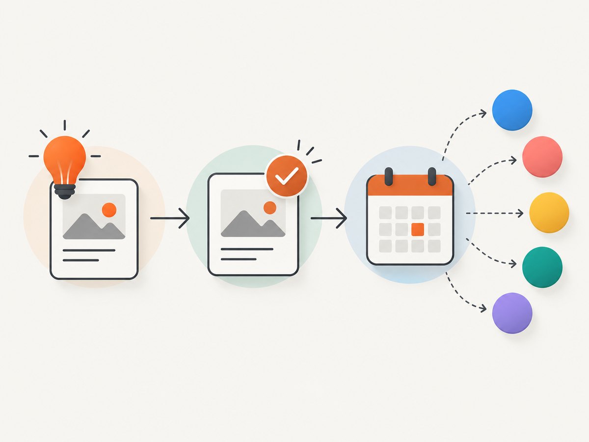 A social automation workflow connects planning, approvals, scheduling, and measurement.