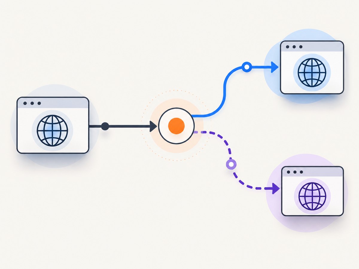 A redirect service chooses a destination and status code before the page request continues.